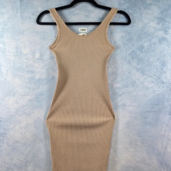 HM Ribbed Knit Midi Dress Tan Beige Sleeveless Bodycon Scoop Neck XS - Picture 4 of 8